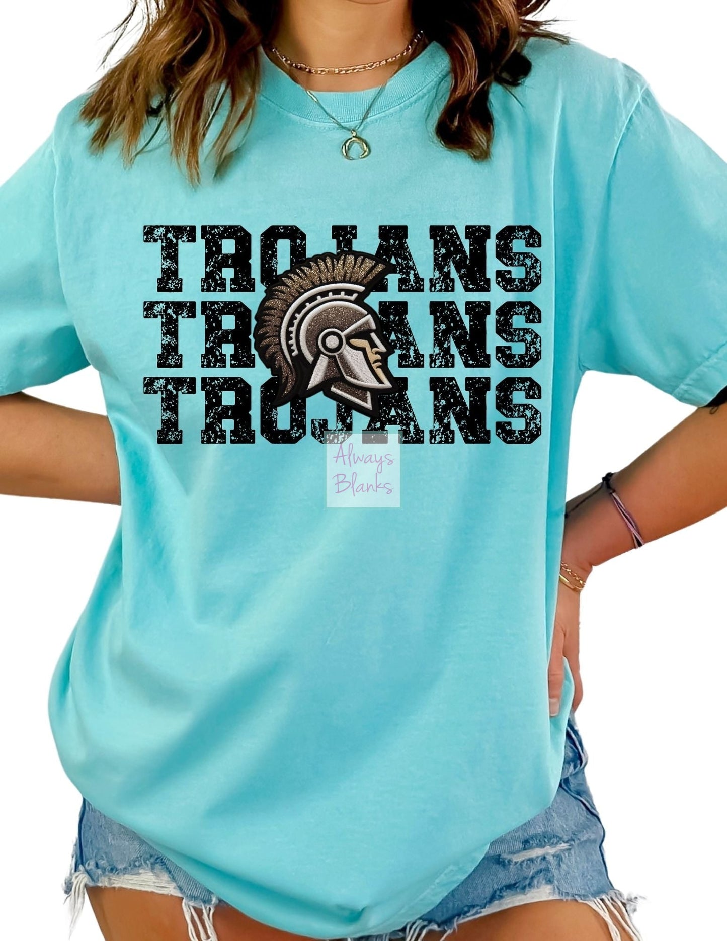 Faux Embroidery Distressed Trojans Sports MascotDTF TRANSFER or UV DTF STICKER