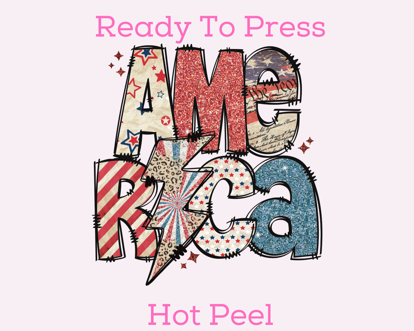 America Doodle (Faux Glitter) Patriotic DTF TRANSFER or UV DTF STICKER