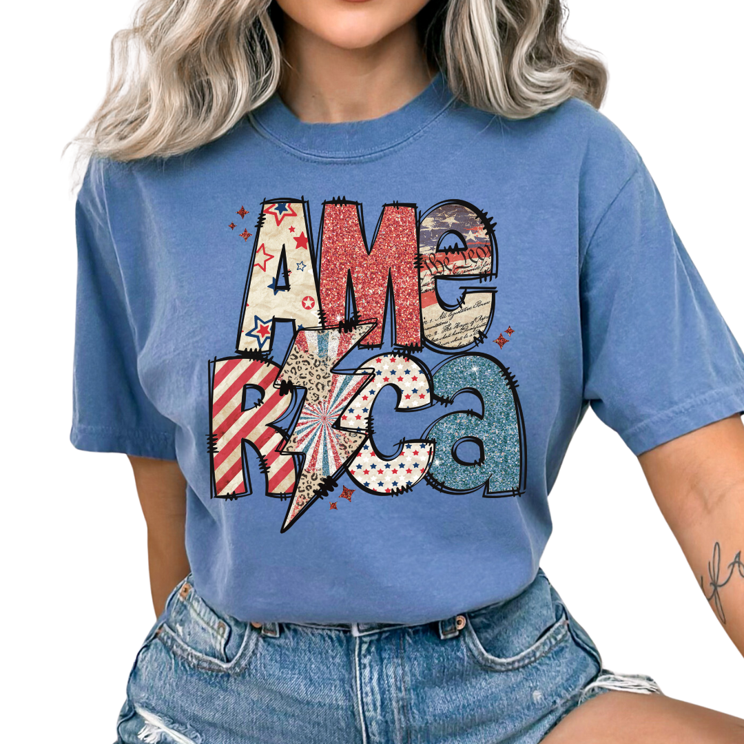 America Doodle (Faux Glitter) Patriotic DTF TRANSFER or UV DTF STICKER