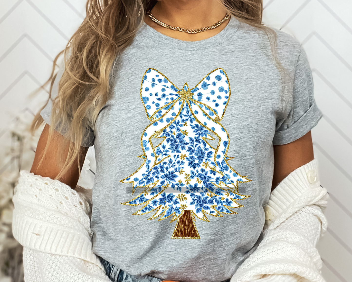 Blue Floral Bow Tree Christmas DTF TRANSFER or UV DTF STICKER