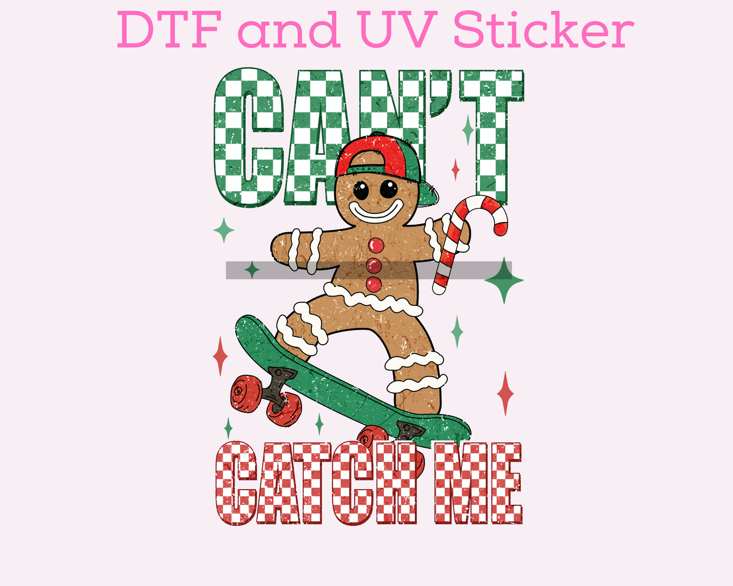 Can't Catch Me Checkered, Skateboarding Gingerbread Boy Christmas DTF TRANSFER or UV DTF STICKER