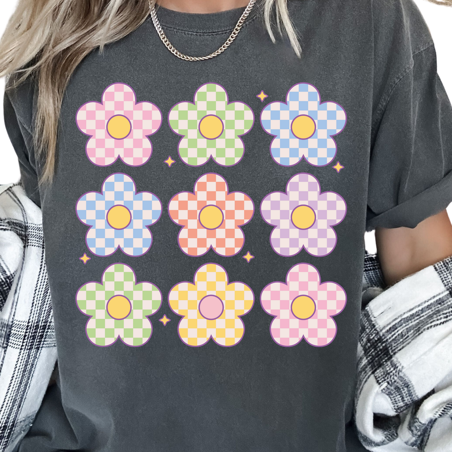 Checkered Flowers Spring DTF TRANSFER or UV DTF STICKER