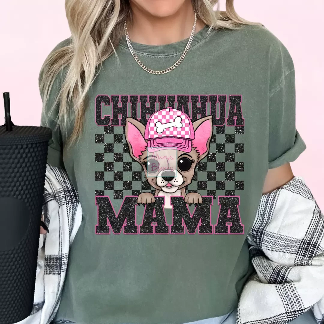 Chihuahua Mama (Black) Faux Sequins Faux Embroidery Mom DTF TRANSFER or UV DTF STICKER DECAL