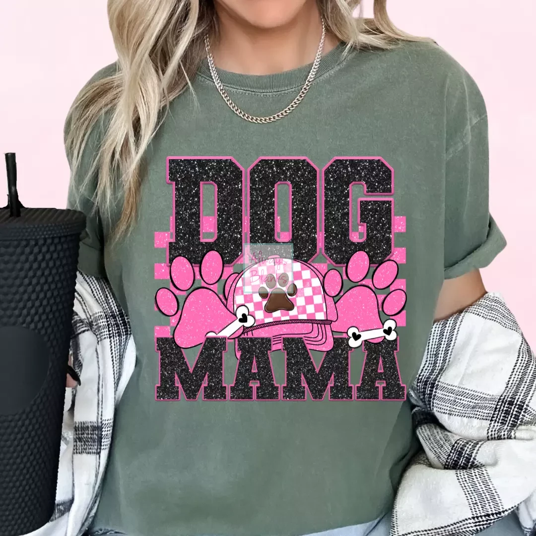 Dog Mama (Pink) Faux Sequins Faux Embroidery Mom DTF TRANSFER or UV DTF STICKER DECAL