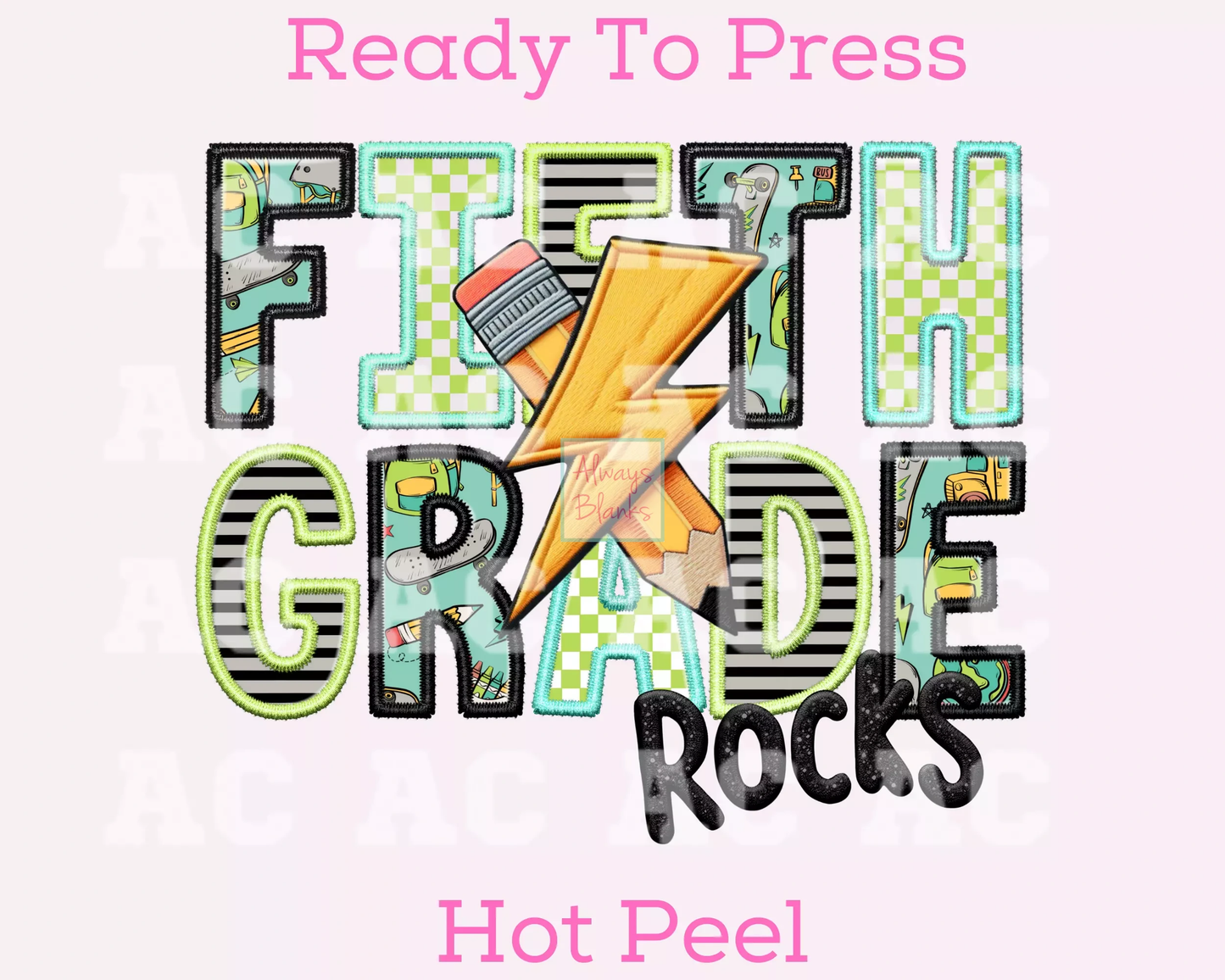Fifth Grade Rocks Boy (Faux Embroidery) Grade Level 5th Grade DTF TRANSFER or UV DTF STICKER