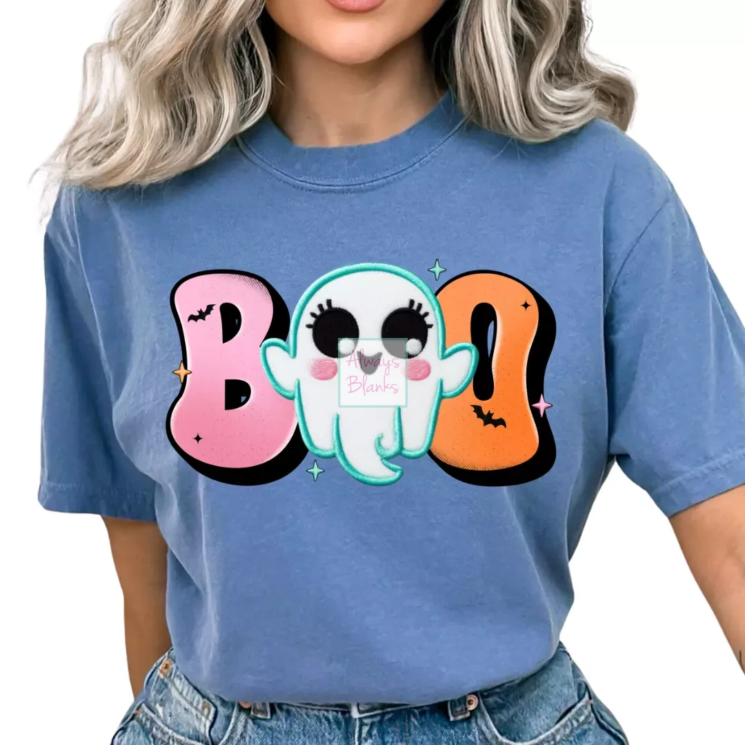 Faux Embroidery Ghost Boo Halloween DTF TRANSFER or UV DTF STICKER DECAL