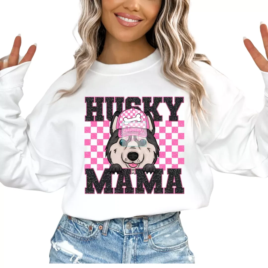 Husky Mama (Pink) Faux Sequins Faux Embroidery Mom DTF TRANSFER or UV DTF STICKER DECAL
