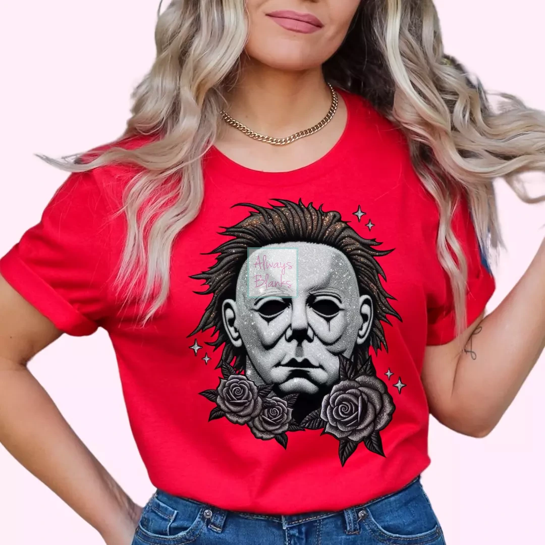Myers And Roses (Faux Embroidery) Halloween DTF TRANSFER or UV DTF STICKER