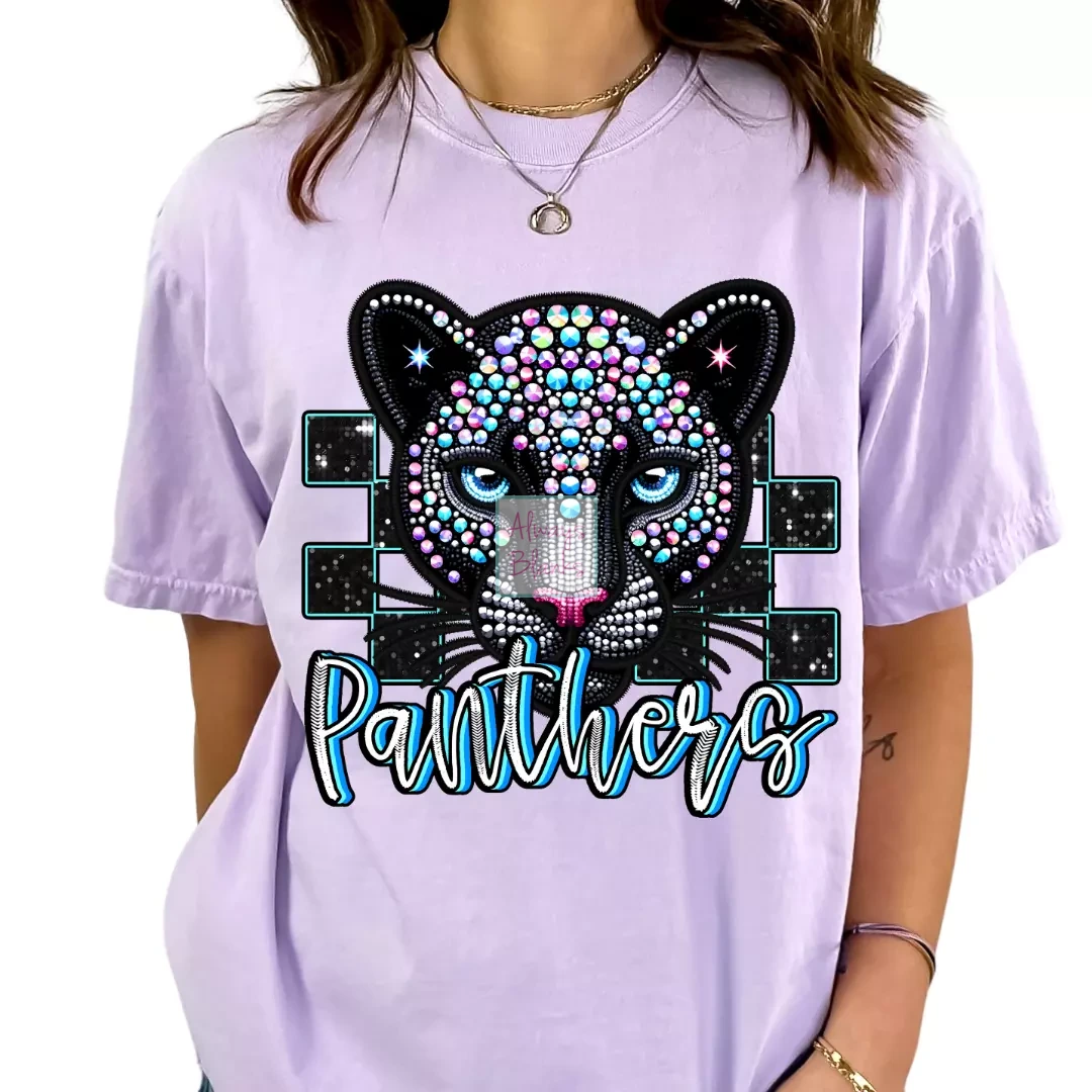 Checkered Panthers Faux Embroidery School Mascot DTF TRANSFER