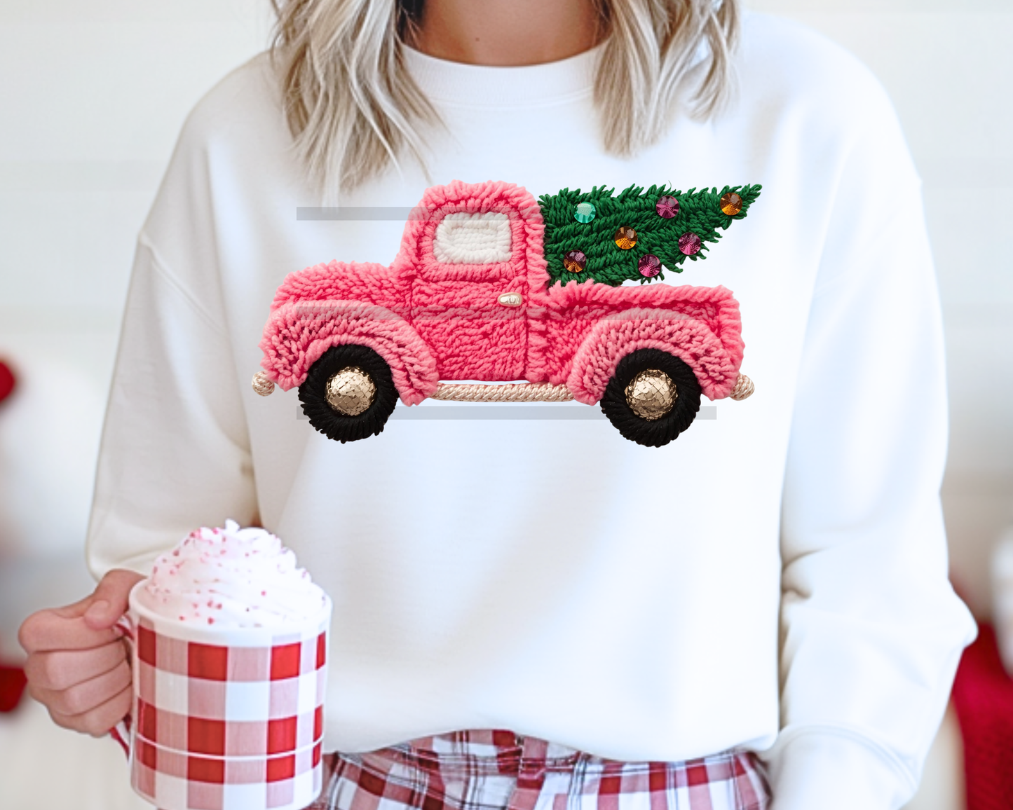 Faux Yarn Pink Truck with Tree Christmas DTF TRANSFER