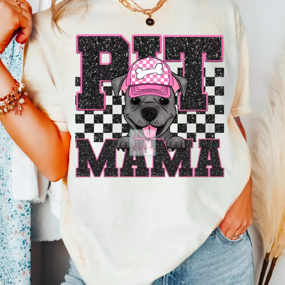 Pit Mama (Black) Faux Sequins Faux Embroidery Mom DTF TRANSFER or UV DTF STICKER DECAL