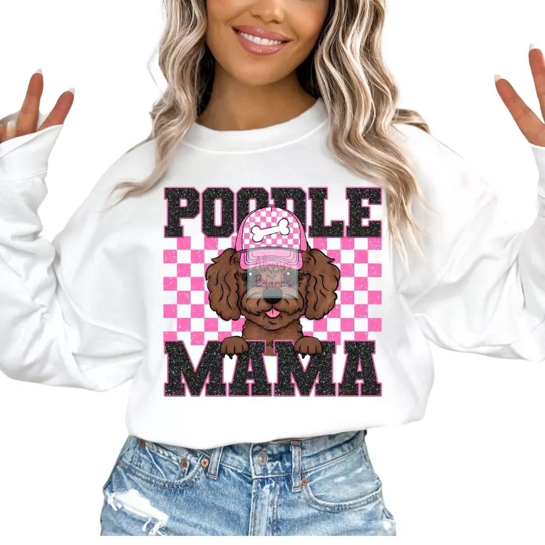Poodle Mama (Pink) Faux Sequins Faux Embroidery Mom DTF TRANSFER or UV DTF STICKER DECAL