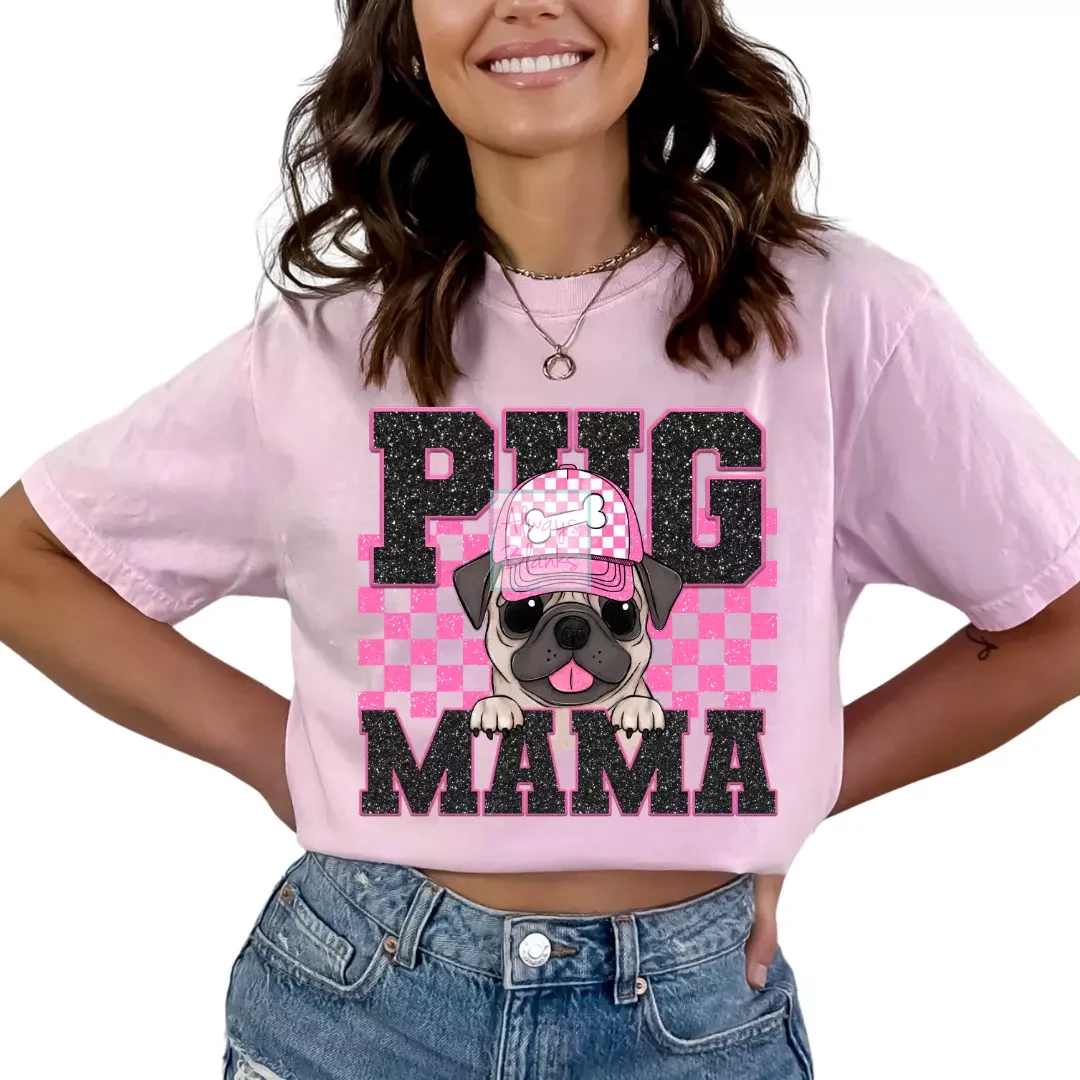 Pug Mama (Pink) Faux Sequins Faux Embroidery Mom DTF TRANSFER or UV DTF STICKER DECAL