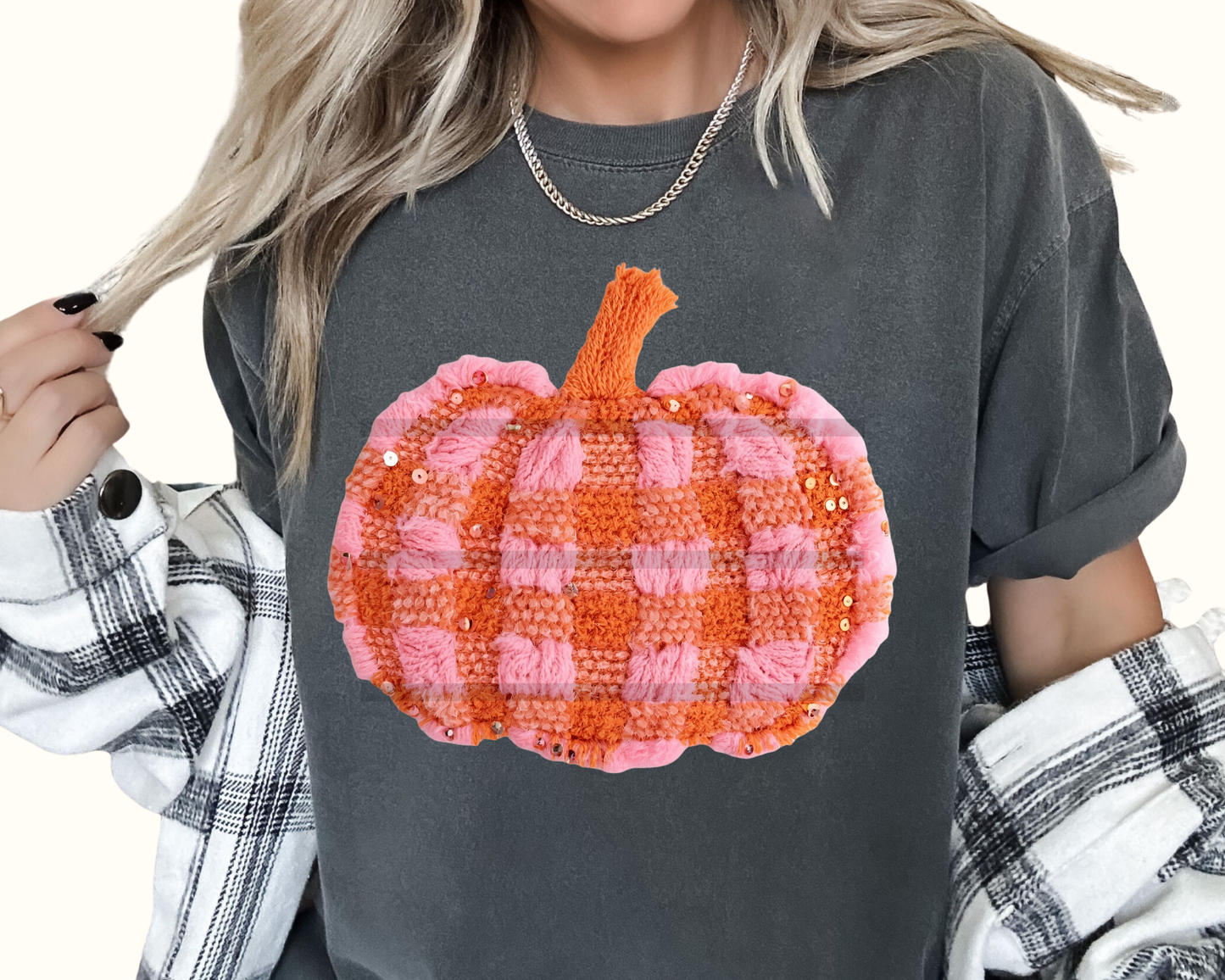 Orange Pink Checkered Pumpkin Faux Texture Fall Halloween DTF TRANSFER