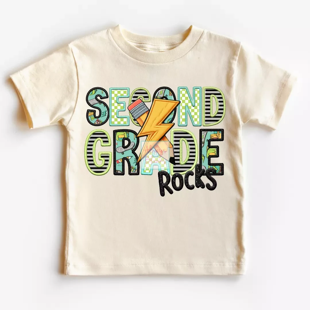 Second Grade Rocks Boy (Faux Embroidery) Grade Level 2nd Grade DTF TRANSFER or UV DTF STICKER