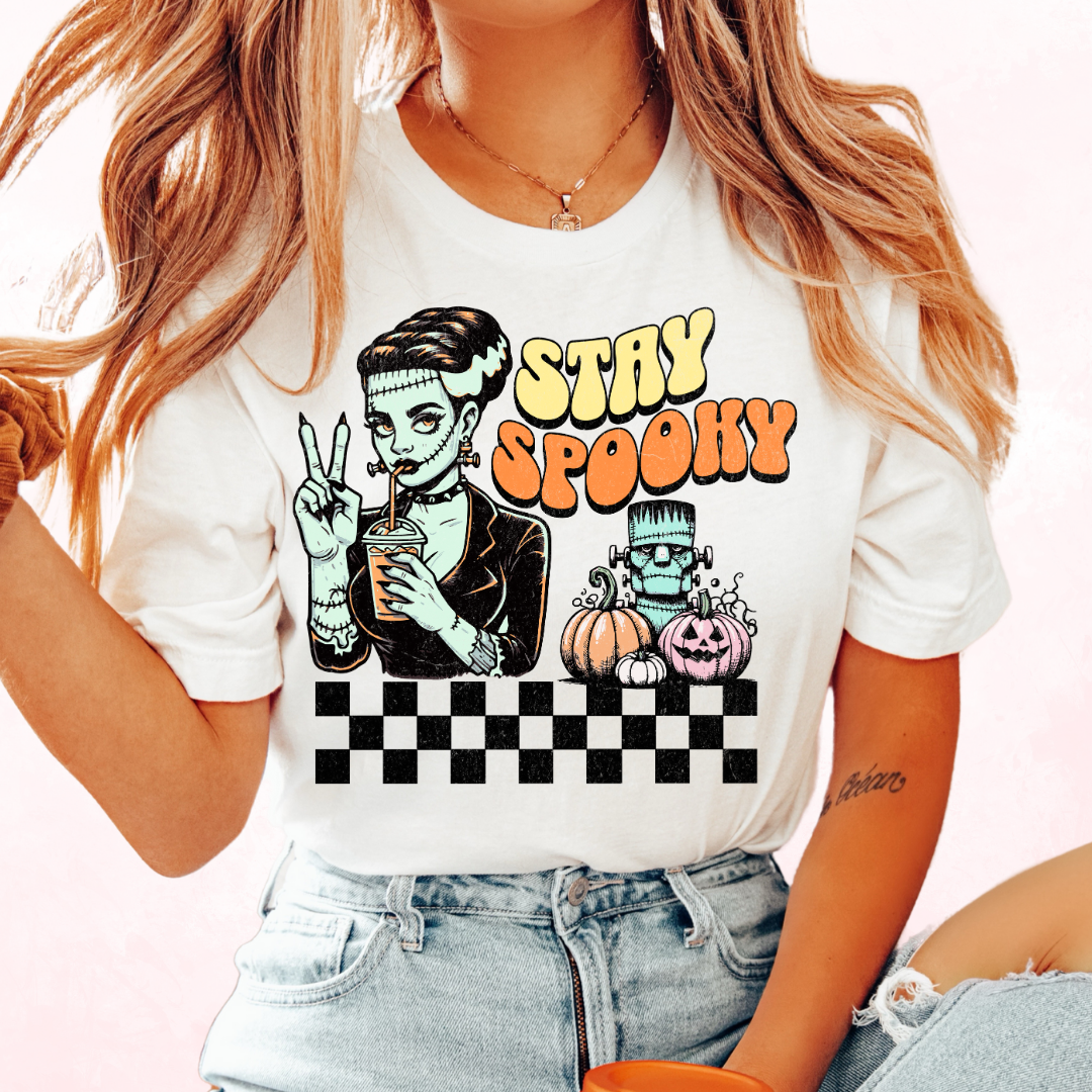 Stay Spooky Frankenstein Bride Coffee Halloween DTF TRANSFER or UV DTF STICKER DECAL