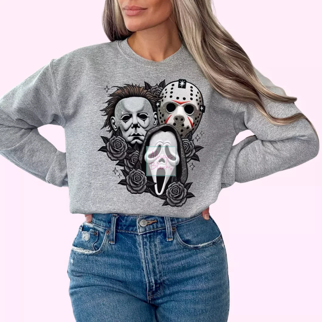 Horror Trio And Roses (Faux Embroidery) Halloween DTF TRANSFER or UV DTF STICKER