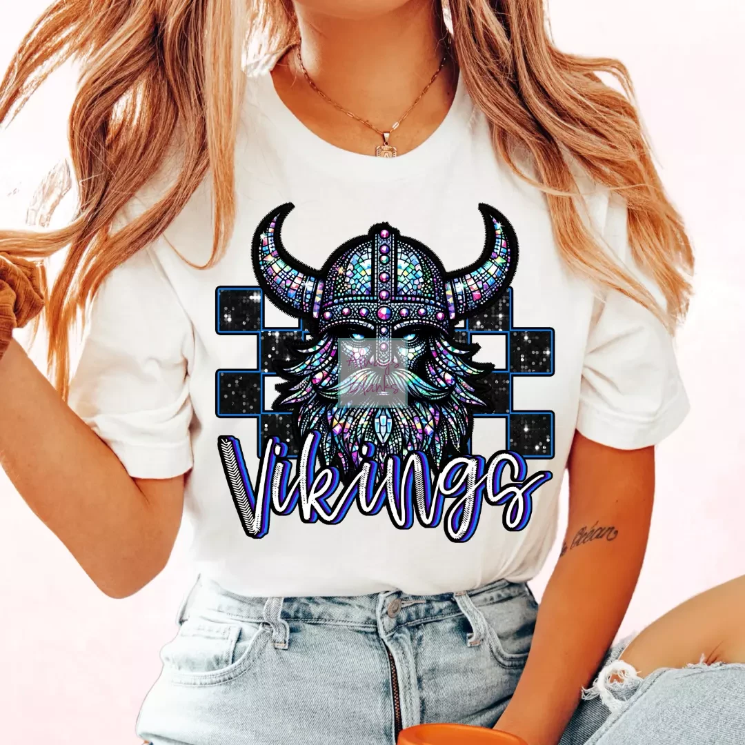 Checkered Vikings Faux Embroidery School Mascot DTF TRANSFER or UV DTF STICKER