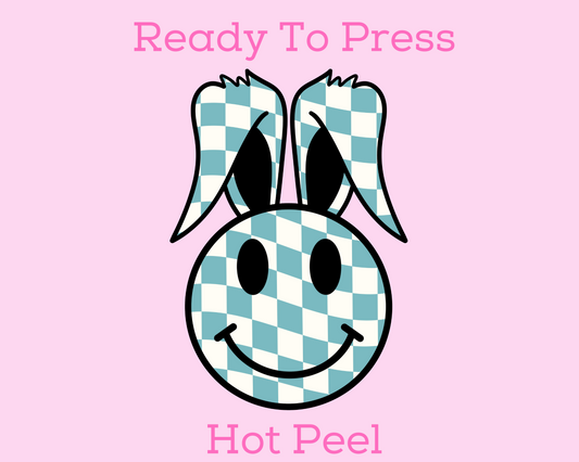 Blue Checkered Happy Bunny Easter DTF TRANSFER