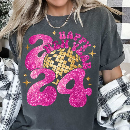 Happy 2024 Pink Faux Sequins DTF TRANSFER
