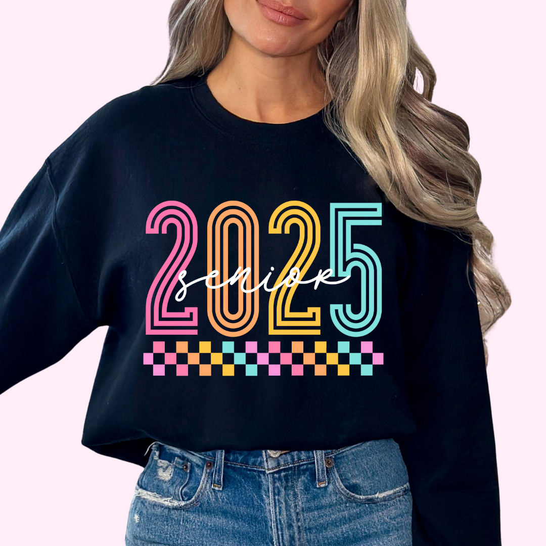 2025 Senior Multicolored Checkered (White Script) Graduation DTF TRANSFER