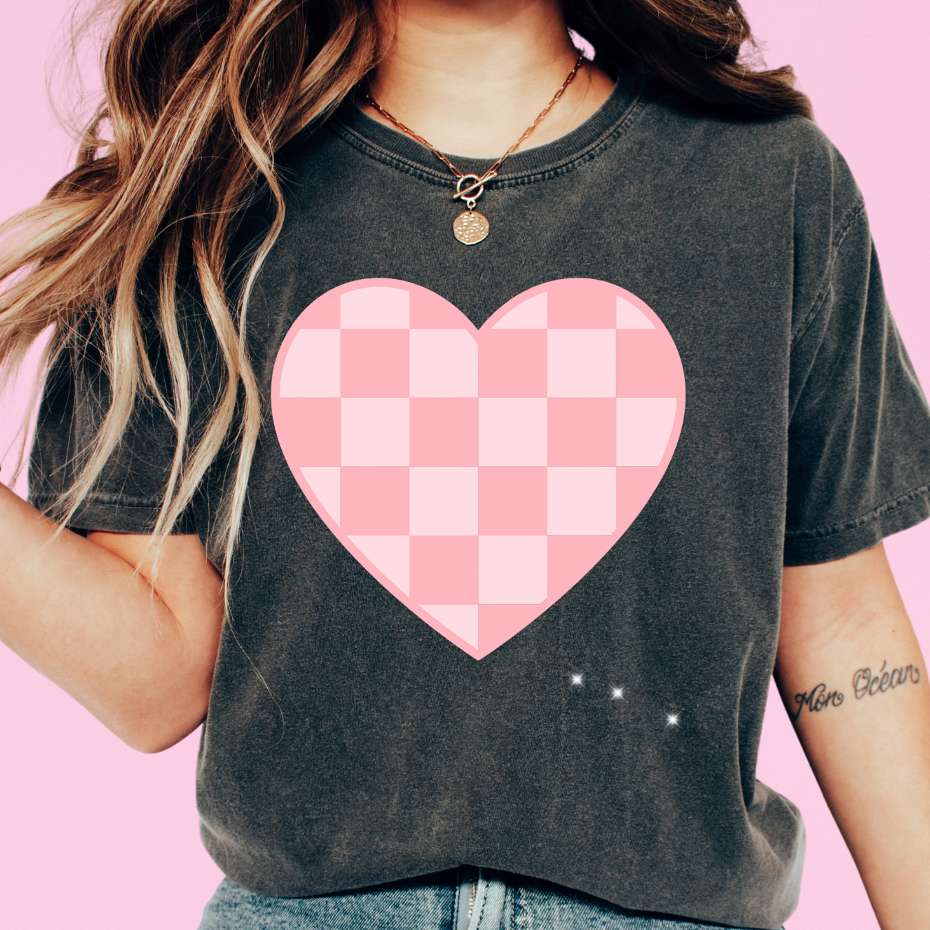 Pink Checkered Heart Valentines Day DTF TRANSFER