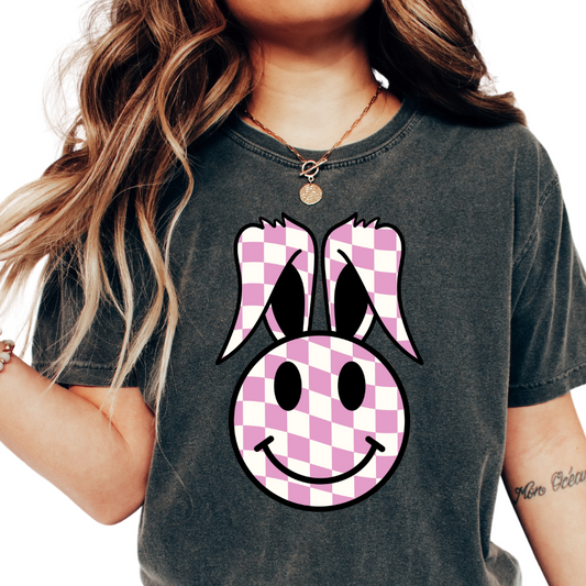 Pink Checkered Happy Bunny Easter DTF TRANSFER