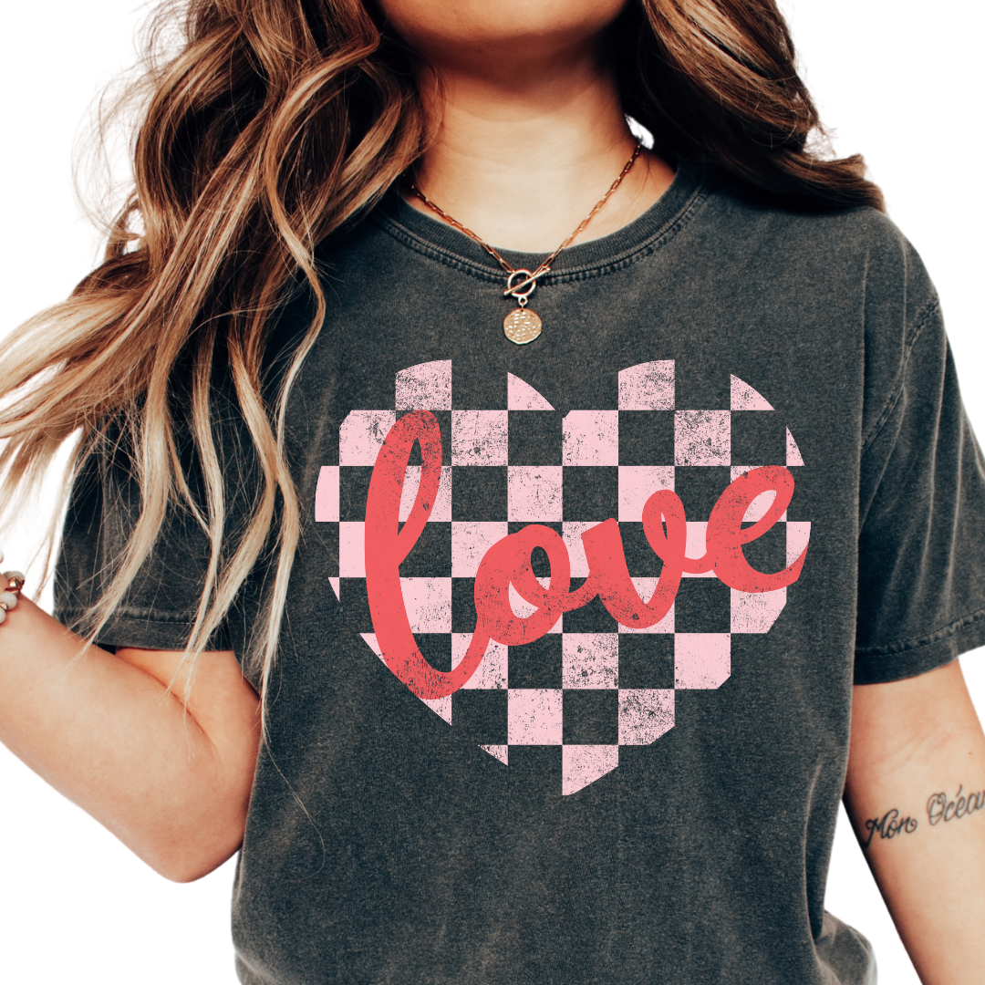 Love Checkered Heart (Distressed )Valentines Day DTF TRANSFER