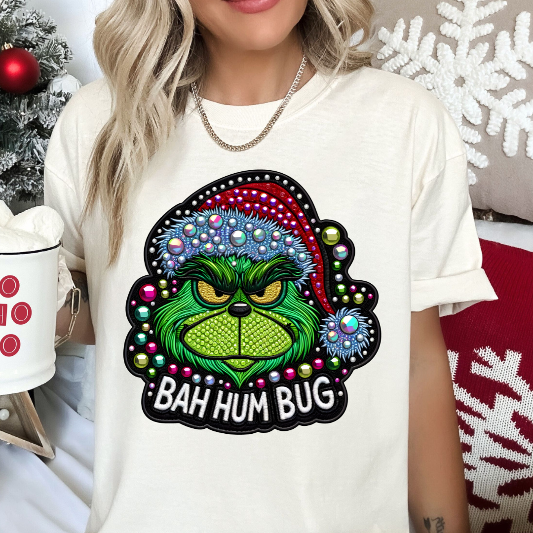 Grinch Bah Hum Bug (Faux Embroidery) (Faux Sequins) Christmas DTF TRANSFER