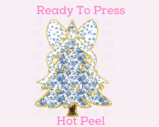 Blue Floral Christmas Tree With Confetti Coquette Bow Christmas DTF TRANSFER