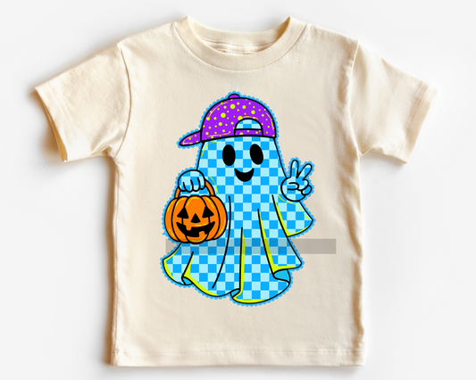 Boy Blue Checkered Ghost Halloween DTF TRANSFER