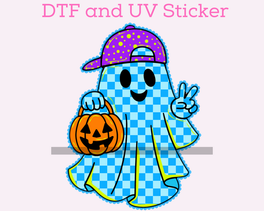 Boy Blue Checkered Ghost Halloween DTF TRANSFER