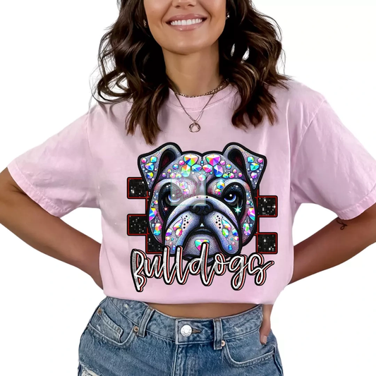 Checkered Bulldogs Faux Embroidery School Mascot DTF TRANSFER or UV DTF STICKER