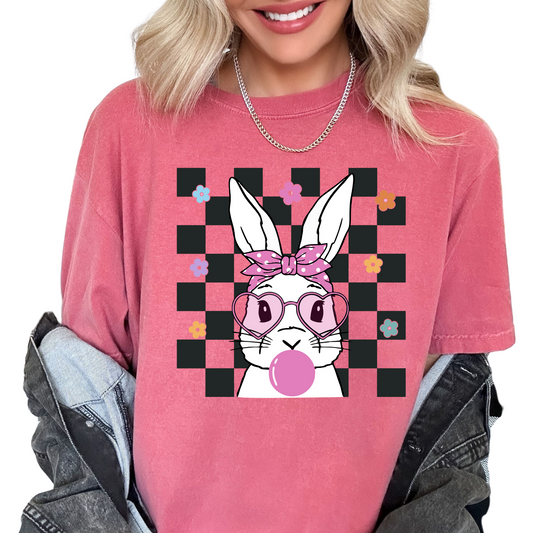 Checkered Bubblegum Bunny Easter DTF TRANSFER