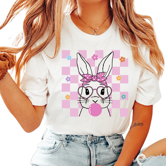 Pink Checkered Bubblegum Bunny Easter DTF TRANSFER