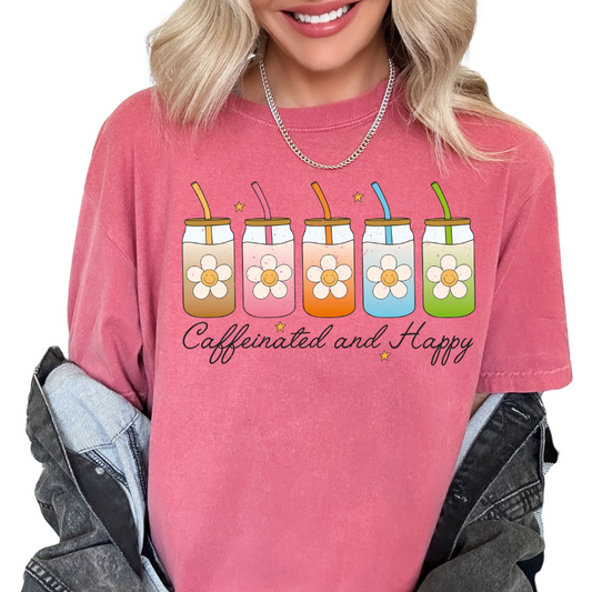 Caffeinated And Happy (Distressed) Coffee Summer DTF TRANSFER or UV DTF STICKER