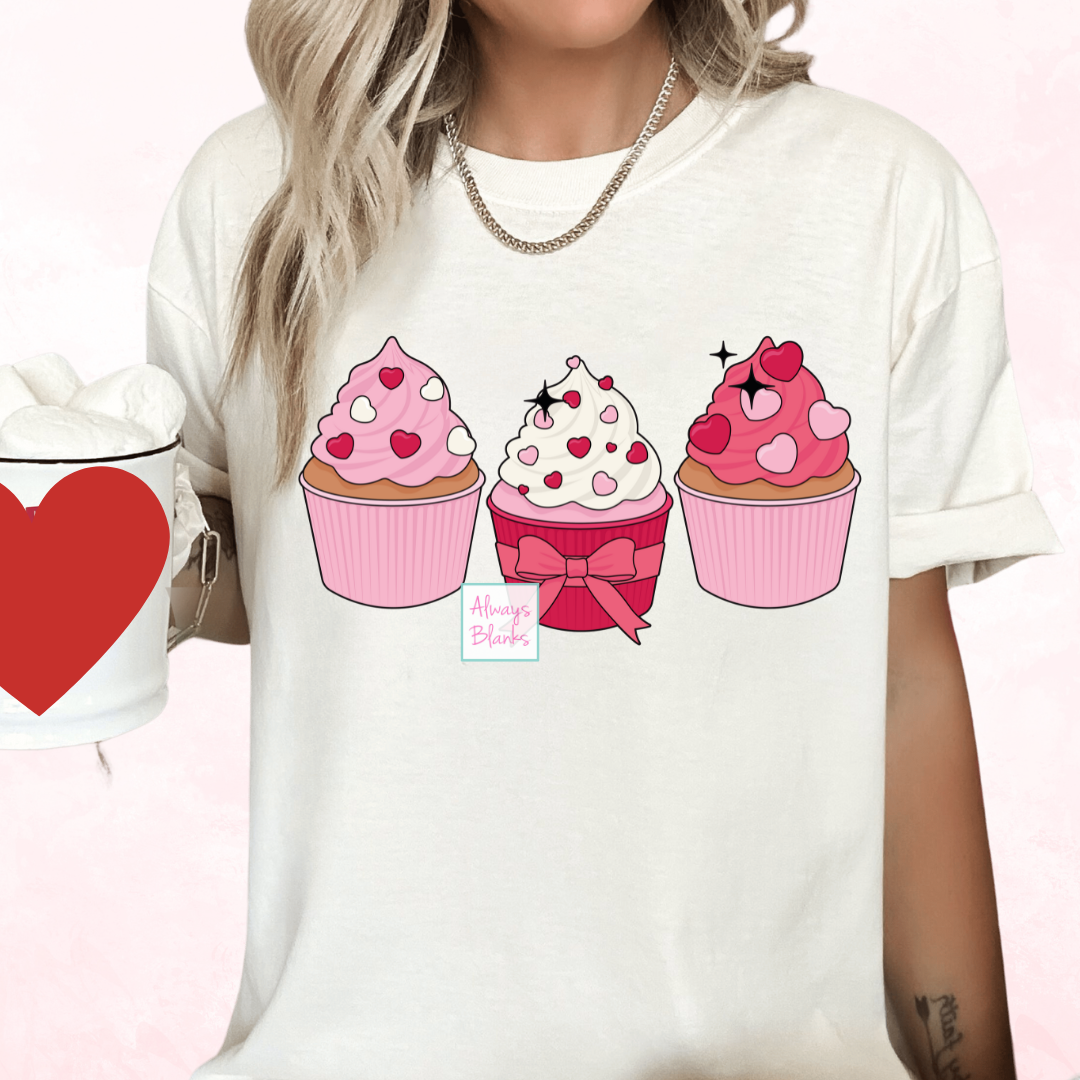 Pink Cupcake Trio With Heart Sprinkles Valentine's Day DTF TRANSFER