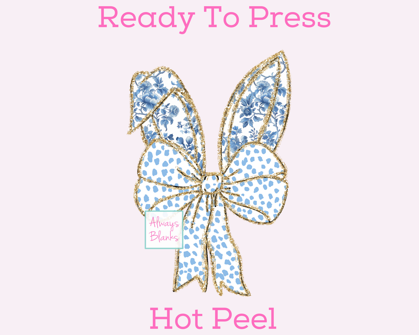 Floral Blue Bunny Ears With Blue Dalmatian Confetti Coquette Bow (Faux Glitter) Trendy Easter DTF TRANSFER