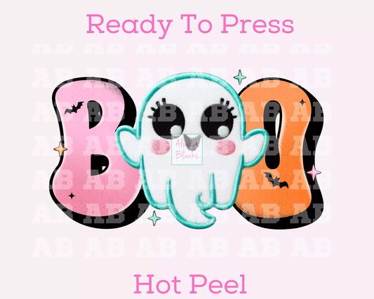 Faux Embroidery Ghost Boo Halloween DTF TRANSFER or UV DTF STICKER DECAL