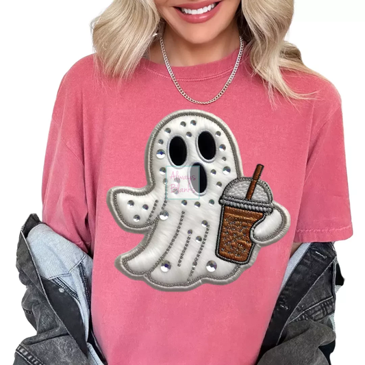 Coffee Ghost (Faux Embroidery) Halloween DTF TRANSFER or UV DTF STICKER DECAL