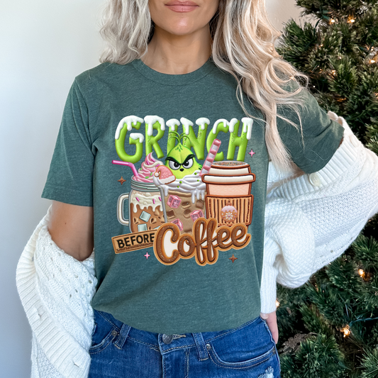 Grinch Before Coffee (Faux Embroidery) Christmas DTF TRANSFER