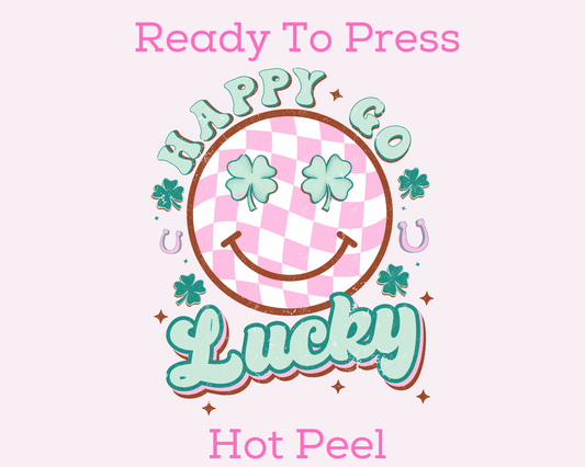 Happy Go Lucky Pink Checkered (Distressed) St. Patrick's Day DTF TRANSFER or UV DTF STICKER DECAL