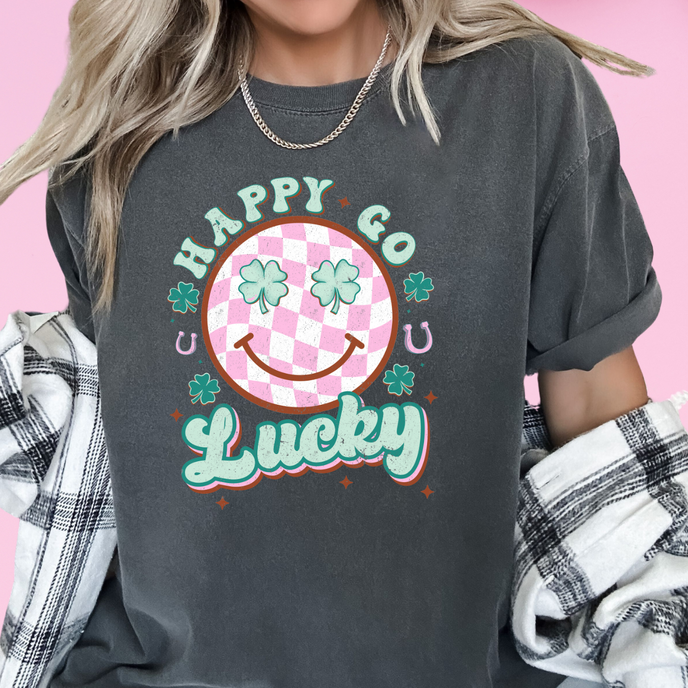 Happy Go Lucky Pink Checkered (Distressed) St. Patrick's Day DTF TRANSFER