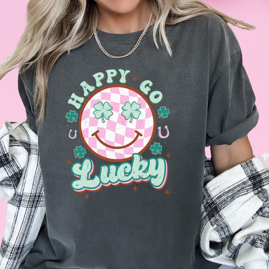 Happy Go Lucky Pink Checkered (Distressed) St. Patrick's Day DTF TRANSFER or UV DTF STICKER DECAL