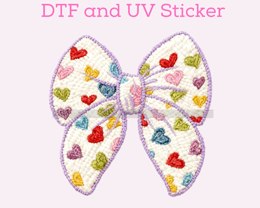 Bow with hearts Faux Yarn Valentine's Day DTF TRANSFER or UV DTF STICKER