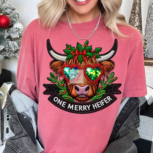 Faux Embroidery One Merry Heifer Christmas DTF TRANSFER