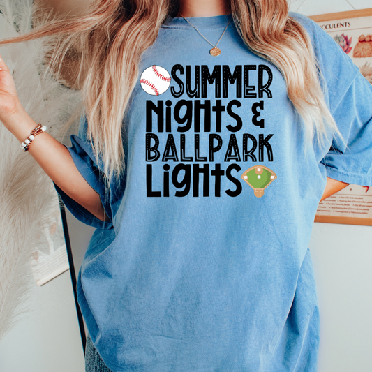 Summer Nights & Ballpark Lights (Black) Baseball DTF TRANSFER