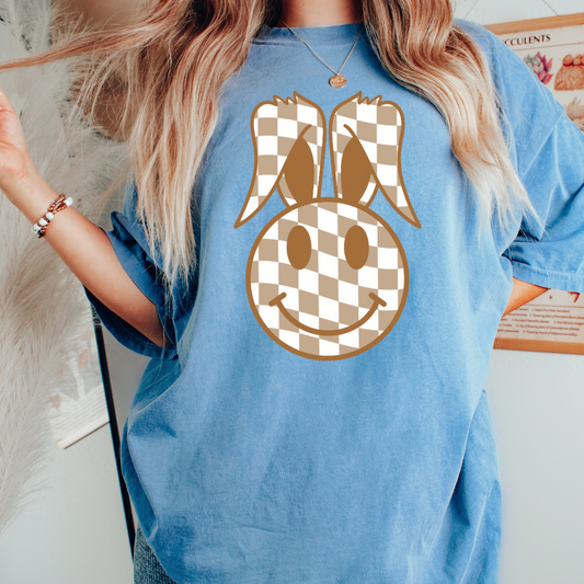 Brown Checkered Happy Bunny Easter DTF TRANSFER