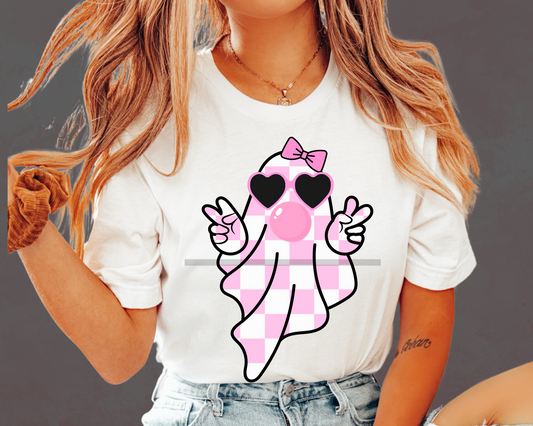 Girl Pink and white Checkered Ghost Blowing Bubble Halloween DTF TRANSFER