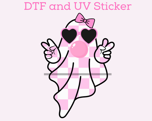 Girl Pink and white Checkered Ghost Blowing Bubble Halloween DTF TRANSFER
